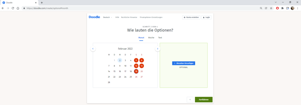 Du kannst dich bei der Wahl der Termine der Doodle Umfrage auch für eine Monatsansicht entscheiden