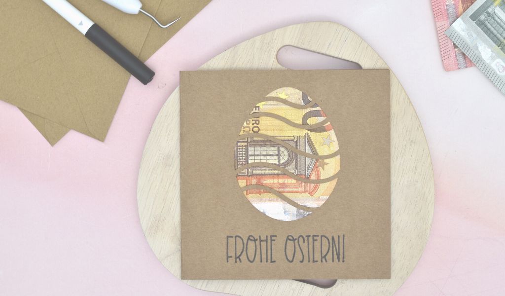 Karte mit Geld zu Ostern verschenken. Geld verbirgt sich hinter Osterei auf der Karte.