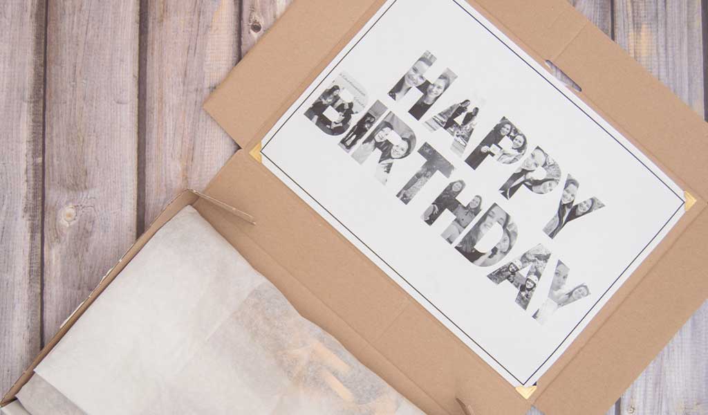 Collage erstellen: Schriftzug Happy Birthday im Deckel einer Geschenkverpackung