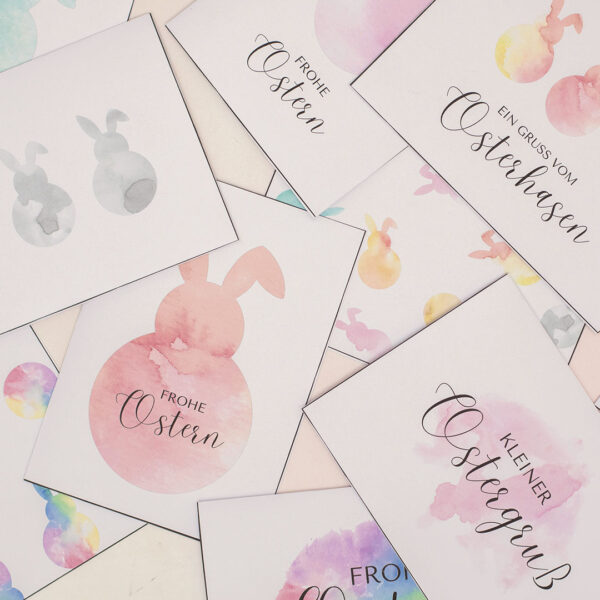 Viele bunte Osterkarten mit Aquarell Elementen zum Ausdrucken
