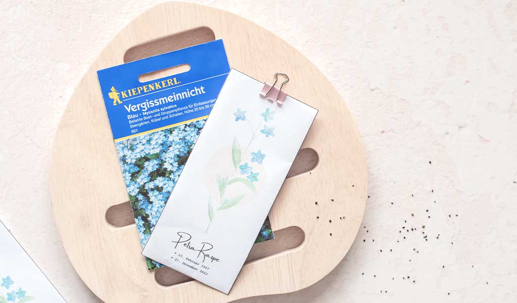 Blumensamen für Vergissmeinnicht hübsch verpackt als Trauergeschenke