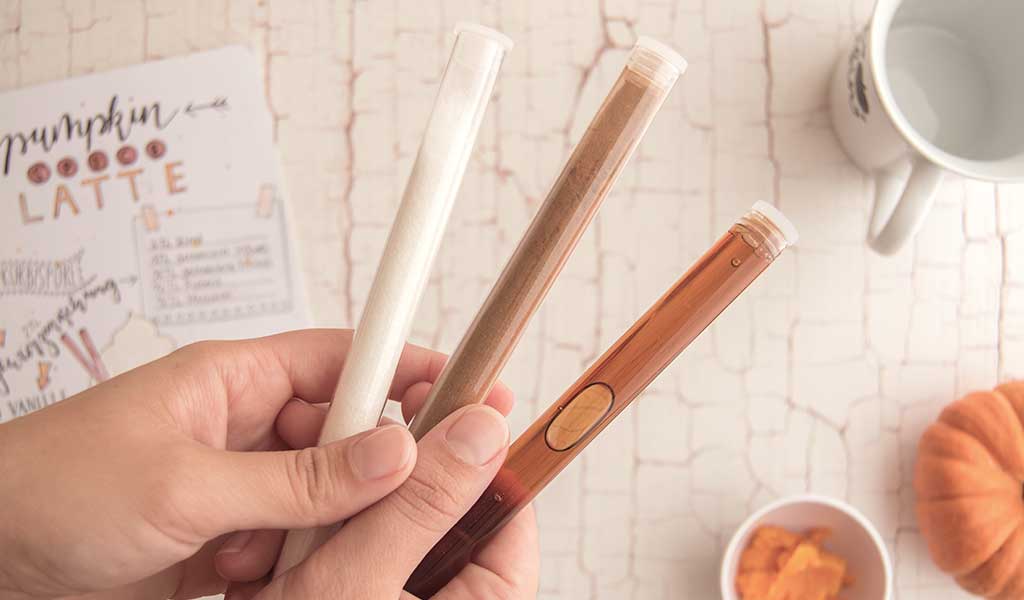 Reagenzgläser mit den Zutaten für den Pumpkin Spice Latte als Herbst Geschenk